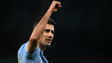 Manchester City's Spanish midfielder #16 Rodri reacts after the English League Cup semi final second leg football match between Manchester City and Newcastle United at the Etihad stadium in Manchester, northwest England on February 4, 2026. (Photo by Oli SCARFF / AFP) / RESTRICTED TO EDITORIAL USE. No use with unauthorized audio, video, data, fixture lists, club/league logos or 'live' services. Online in-match use limited to 120 images. An additional 40 images may be used in extra time. No video emulation. Social media in-match use limited to 120 images. An additional 40 images may be used in extra time. No use in betting publications, games or single club/league/player publications. /