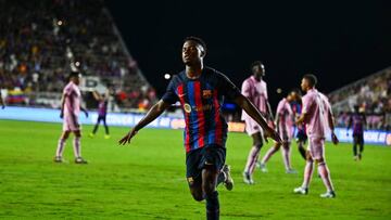 FC Barcelona's forward Ansu Fati celebrates after scoring a goal during a friendly match between Inter Miami and FC Barcelona at the DRV PNK Stadium in Fort Lauderdale, on July 19, 2022. (Photo by CHANDAN KHANNA / AFP) (Photo by CHANDAN KHANNA/AFP via Getty Images)