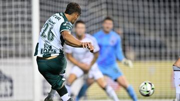 Jul 31, 2024; Chester, Pennsylvania, USA; Santos Laguna midfielder Ramiro Sordo (26) shoots against D.C. United in the second half at Subaru Park. Mandatory Credit: Kyle Ross-USA TODAY Sports