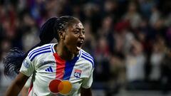 Lyon�s French forward #11 Kadidiatou Diani celebrates after scoring her team's second goal during the D1 Women's football match between Lyon (OL) and Paris (PSG) at the Groupama Stadium in Decines-Charpieu, central-eastern France, on May 17, 2024. (Photo by OLIVIER CHASSIGNOLE / AFP)