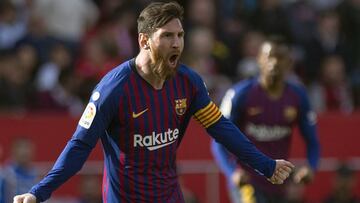 Barcelona's Argentinian forward Lionel Messi celebrates after scoring a goal during the Spanish league football match between Sevilla FC and FC Barcelona at the Ramon Sanchez Pizjuan stadium in Seville on February 23, 2019. (Photo by JORGE GUERRERO /