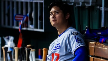 Jul 28, 2025; Cincinnati, Ohio, USA; Los Angeles Dodgers designated hitter Shohei Ohtani (17) sits in the dugout during the first inning against the Cincinnati Reds at Great American Ball Park. Mandatory Credit: Katie Stratman-Imagn Images