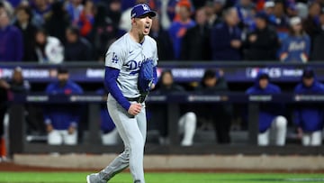 Oct 16, 2024; New York City, New York, USA; Los Angeles Dodgers pitcher Walker Buehler (21) reacts after an out against the New York Mets in the second inning during game three of the NLCS for the 2024 MLB playoffs at Citi Field. Mandatory Credit: Wendell Cruz-Imagn Images