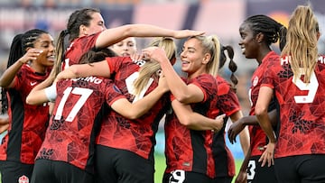 Feb 28, 2024; Houston, Texas, USA; Canada defender Shelina Zadorsky (4) celebrates with teammates after scoring a goal during the first half against Costa Rica at Shell Energy Stadium. Mandatory Credit: Maria Lysaker-USA TODAY Sports