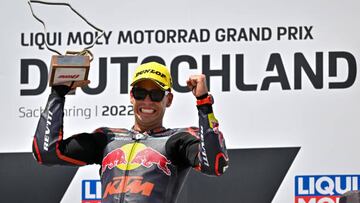 19 June 2022, Saxony, Hohenstein-Ernstthal: Motorsport/Motorcycle, German Grand Prix, Moto2 race at the Sachsenring. Augusto Fernandez from Spain of the Red Bull KTM Ajo Team is happy about his victory. Photo: Hendrik Schmidt/dpa (Photo by Hendrik Schmidt/picture alliance via Getty Images)