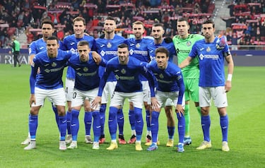 Once inicial del Getafe. Gastón Álvarez, Juan Latasa, Domingos Duarte, Borja Mayoral, Juan Iglesias, David Soria, Jaime Mata, Mason Greenwood, Nemanja Maksimovic, Diego Rico y Luis Milla.