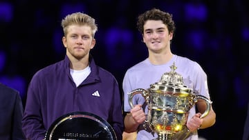 Tennis - ATP 500 - Swiss Indoors Basel - St. Jakobshalle, Basel, Switzerland - October 26, 2025 Brazil's Joao Fonseca celebrates with the trophy after winning his final alongside Spain's Alejandro Davidovich Fokina REUTERS/Pierre Albouy