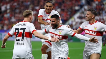 Soccer Football - DFL Supercup - Bayer Leverkusen v VfB Stuttgart - BayArena, Leverkusen, Germany - August 17, 2024  VfB Stuttgart's Deniz Undav celebrates scoring their second goal with teammates REUTERS/Thilo Schmuelgen DFL REGULATIONS PROHIBIT ANY USE OF PHOTOGRAPHS AS IMAGE SEQUENCES AND/OR QUASI-VIDEO.