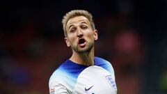 MILAN, ITALY - SEPTEMBER 23: Harry Kane of England yells during the UEFA Nations League League A Group 3 match between Italy and England at San Siro on September 23, 2022 in Milan, Italy. (Photo by Matteo Ciambelli/DeFodi Images via Getty Images)