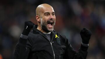 HUDDERSFIELD, ENGLAND - NOVEMBER 26: Pep Guardiola the head coach / manager of Manchester City celebrates as Raheem Sterling of Manchester City scores a goal to make it 1-2  during the Premier League match between Huddersfield Town and Manchester City at John Smith&#039;s Stadium on November 26, 2017 in Huddersfield, England. (Photo by Robbie Jay Barratt - AMA/Getty Images)