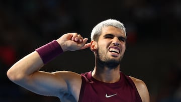 Tennis - ATP 500 - Japan Open Tennis Championships - Ariake Coliseum, Tokyo, Japan - September 29, 2025 Spain's Carlos Alcaraz reacts during his semi final match against Norway's Casper Ruud REUTERS/Issei Kato