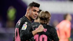 VALLADOLID, SPAIN - FEBRUARY 20: Casemiro of Real Madrid Celebrates 0-1 during the La Liga Santander  match between Real Valladolid v Real Madrid at the Estadio Nuevo Jose Zorrilla on February 20, 2021 in Valladolid Spain (Photo by David S. Bustamante/Soc