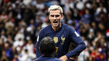 AL KHOR - (l-r) Jules Kounde of France, Antoine Griezmann of France, Olivier Giroud of France celebrate the 1-2 during the FIFA World Cup Qatar 2022 quarterfinal match between England and France at Al Bayt Stadium on December 10, 2022 in Al Khor , qatar. AP | Dutch Height | MAURICE OF STONE (Photo by ANP via Getty Images)