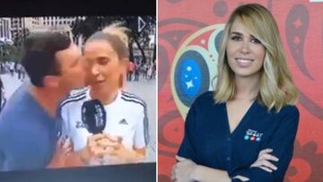 La periodista de Mediaset María Gómez en el momento en el que fue acosada por un aficionado durante una retransmisión del Mundial y en una imagen promocional de esta cobertura