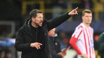 Atletico Madrid's Argentine coach Diego Simeone gestures during the UEFA Champions League knockout round play-off first leg football match between Club Brugge and Atletico Madrid at the Jan Breydel Stadium in Brugge on February 18, 2026. (Photo by NICOLAS TUCAT / AFP)