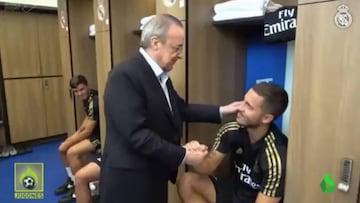 Real Madrid: Florentino gives Bale a friendly pat on the tum as he greets players in Montreal