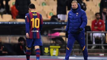 SEVILLE, SPAIN - JANUARY 17: Ronald Koeman, Manager of Barcelona reacts as Lionel Messi of Barcelona walks off the field after being shown a red card during the Supercopa de Espana Final match between FC Barcelona and Athletic Club at Estadio de La Cartuj