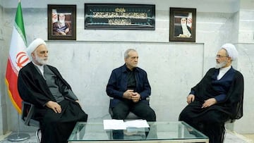 FILE PHOTO: Iranian President Masoud Pezeshkian, Gholam-Hossein Mohseni-Eje'i, the head of the judiciary and Alireza Arafi, deputy chairman of the Assembly of Experts, attend the meeting of the interim leadership council of Iran in an unknown location, amid the U.S.-Israel conflict with Iran, in Iran, March 1, 2026. IRIB/WANA (West Asia News Agency)/Handout via REUTERS ATTENTION EDITORS - THIS PICTURE WAS PROVIDED BY A THIRD PARTY REFILE - ADDED CONTEXT/File Photo