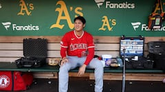 OAKLAND, CALIFORNIA - SEPTEMBER 01: Shohei Ohtani #17 of the Los Angeles Angels sits in the dugout before their game against the Oakland Athletics at RingCentral Coliseum on September 01, 2023 in Oakland, California.   Ezra Shaw/Getty Images/AFP (Photo by EZRA SHAW / GETTY IMAGES NORTH AMERICA / Getty Images via AFP)