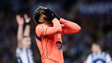 SAN SEBASTIÁN, 18/01/2026.- El delantero del Barcelona Lamine Yamal, durante el partido de LaLiga EA Sports que Real Sociedad y FC Barcelona disputan este domingo en el estadio de Anoeta, en San Sebastián. EFE/Juan Herrero