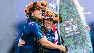 OAHU, HAWAII - FEBRUARY 8: Event winners Jack Robinson of Australia and Five-time WSL Champion Carissa Moore of Hawaii after the Final at the Billabong Pro Pipeline on February 8, 2023 at Oahu, Hawaii. (Photo by Tony Heff/World Surf League)