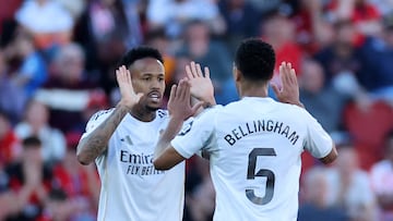 Soccer Football - LaLiga - RCD Mallorca v Real Madrid - Estadi Mallorca Son Moix, Palma de Mallorca, Spain - April 4, 2026 Real Madrid's Eder Militao celebrates scoring their first goal with Jude Bellingham REUTERS/Nacho Doce