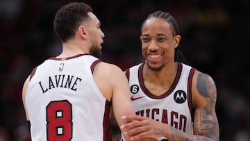 CHICAGO, IL - APRIL 09: Chicago Bulls forward DeMar DeRozan (11) and Chicago Bulls guard Zach LaVine (8) chat during a NBA game between the Detroit Pistons and the Chicago Bulls on April 9, 2023 at the United Center in Chicago, IL. (Photo by Melissa Tamez/Icon Sportswire via Getty Images)