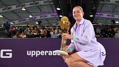 Latvia's Jelena Ostapenko poses with her trophy after winning against Russia's Ekaterina Alexandrova during the final match of the WTA Upper Austria Ladies Linz tennis tournament in Linz, Austria on February 4, 2024. Ostapenko won the match 6-2, 6-3. (Photo by BARBARA GINDL / APA / AFP) / Austria OUT