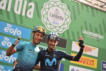 Vincenzo Nibali y Alejandro Valverde, en la salida de Bérgamo