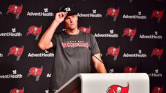 TAMPA, FLORIDA - JUNE 09: Tom Brady #12 of Tampa Bay Buccaneers answers questions at a press conference following the 2022 Buccaneers minicamp at AdventHealth Training Center on June 09, 2022 in Tampa, Florida. (Photo by Julio Aguilar/Getty Images)