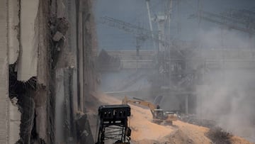 BEIRUT, LEBANON - AUGUST 13: Bulldozers continue work at the base of the destroyed Beirut port silos on August 13, 2020 in Beirut, Lebanon. The explosion at Beirut&#039;s port last week killed over 200 people, injured thousands, and upended countless live