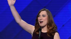 (FILES) In this file photo taken on July 28, 2016 LGBT rights activist Sarah McBride acknowledges applause at the end of her address on the fourth and final day of the Democratic National Convention at Wells Fargo Center in Philadelphia, Pennsylvania. - C