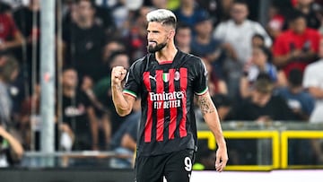 Genoa (Italy), 10/09/2022.- Milan's Olivier Giroud celebrates after scoring the 2-1 lead from the penalty spot during the Italian Serie A soccer match between UC Sampdoria and AC Milan in Genoa, Italy, 10 September 2022. (Italia, Génova) EFE/EPA/-
