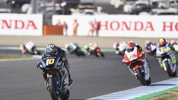 MOTEGI, JAPAN - OCTOBER 21: Luca Marini of Italy and Sky Racing Team VR46 leads the field during the Moto2 race during the MotoGP of Japan - Race at Twin Ring Motegi on October 21, 2018 in Motegi, Japan. (Photo by Mirco Lazzari gp/Getty Images)