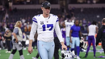 ARLINGTON, TEXAS - DECEMBER 14: Brandon Aubrey #17 of the Dallas Cowboys reacts after his team was defeated by the Minnesota Vikings at AT&T Stadium on December 14, 2025 in Arlington, Texas. Sam Hodde/Getty Images/AFP (Photo by Sam Hodde / GETTY IMAGES NORTH AMERICA / Getty Images via AFP)