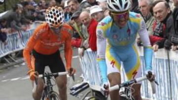 <b>FLECHA VALONA 2010. </b>Contador e Igor Antón, a 150 metros de meta. Cadel Evans y Purito Rodríguez (detrás) acabarían superándoles.