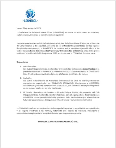 El comunicado de Conmebol sobre los castigos a Independiente y la U que se comparte en Whatsapp es falso 
