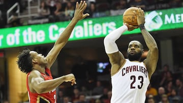 Jan 2, 2017; Cleveland, OH, USA; Cleveland Cavaliers forward LeBron James (23) shoots over the defense of New Orleans Pelicans guard Buddy Hield (24) during the second half at Quicken Loans Arena. The Cavs won 90-82. Mandatory Credit: Ken Blaze-USA TODAY Sports