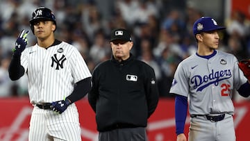 Oct 29, 2024; Bronx, New York, USA; New York Yankees outfielder Juan Soto (22) reacts after hitting a double against the Los Angeles Dodgers in the eighth inning during game four of the 2024 MLB World Series at Yankee Stadium. Mandatory Credit: Vincent Carchietta-Imagn Images