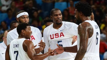 RIO DE JANEIRO, BRAZIL - AUGUST 14:  Kyle Lowry #7 of United States celebrates with teammates DeAndre Jordan #6 and Kevin Durant #5 during a Men&#039;s Preliminary Round Group A game between the United States and France on Day 9 of the Rio 2016 Olympic Games at Carioca Arena 1 on August 14, 2016 in Rio de Janeiro, Brazil.  (Photo by Harry How/Getty Images)