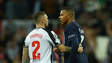 Soccer Football - Champions League - Group F - Newcastle United v Paris St Germain - St James' Park, Newcastle, Britain - October 4, 2023 Newcastle United's Kieran Trippier and Paris St Germain's Kylian Mbappe after the match Action Images via Reuters/Lee Smith