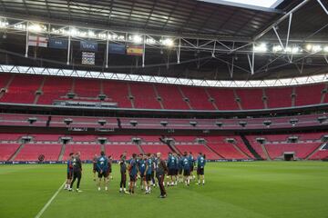 El grupo en el césped de Wembley.