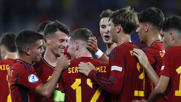 Los jugadores de la Selección Sub-21 celebran el gol ante Suiza.