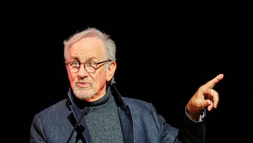 Director Steven Spielberg speaks during a press preview for "Jaws: The Exhibition" at the Academy Museum of Motion Pictures in Los Angeles, California, U.S., September 10, 2025. REUTERS/Daniel Cole