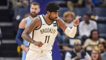 Oct 27, 2019; Memphis, TN, USA; Brooklyn Nets guard Kyrie Irving (11) celebrates making a shot against the Memphis Grizzlies during the first quarter at the FedExForum. Mandatory Credit: Jerome Miron-USA TODAY Sports