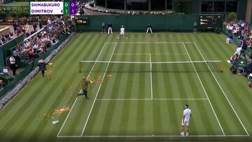 Dos activistas lanzan confeti y piezas de puzle en la Pista 18 de Wimbledon.