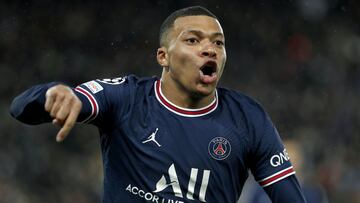 El jugador del PSG Kylian Mbapp&eacute; celebra su gol en el partido contra el Real Madrid de Champios Leage.