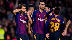 Los jugadores del Barcelona celebran uno de los goles ante la Cultural Leonesa.