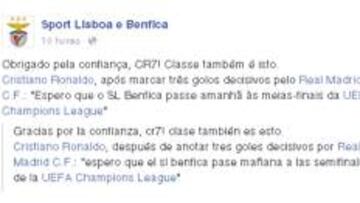 El Benfica agradece por Facebook el apoyo mostrado por Cristiano Ronaldo.