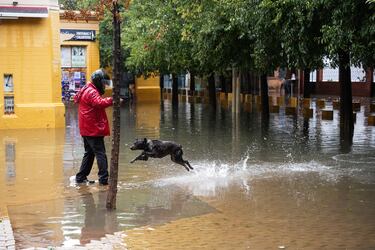 Calles anegadas de agua tras las lluvias torrenciales en la jornada de hoy en Sevilla.